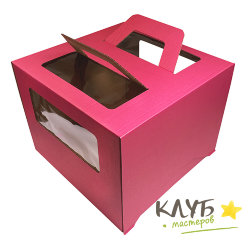 Коробка для торта розовая с ручкой и окном (гофрокартон) 24х24х20 см