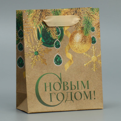 Крафт-пакет бумажный с ручками "С Новым годом! Новогодние игрушки", 12х15х5,5 см