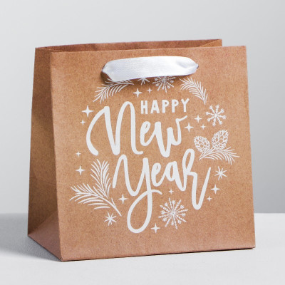 Крафт-пакет бумажный с ручками "Happy New Year", 14х14х9 см