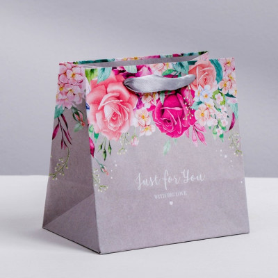 Крафт-пакет бумажный с ручками "Just for you", 14х14х9 см