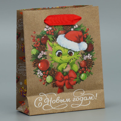 Крафт-пакет бумажный с ручками "Дракон и венок", 12х15х5,5 см