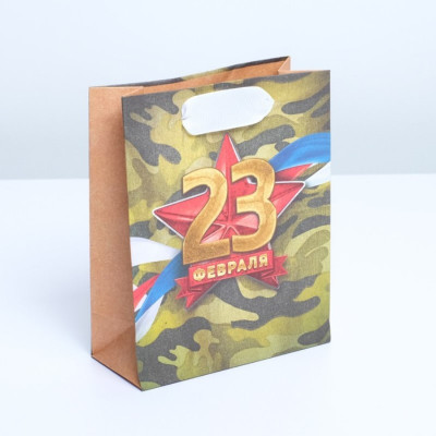 Крафт-пакет бумажный с ручками "23 Февраля. Красная звезда", 12х15х5,5 см