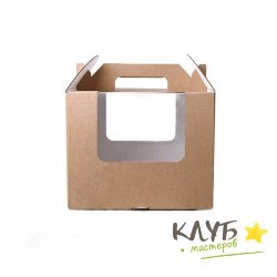 Коробка для торта крафт с ручкой и двумя окнами (гофрокартон) 25х25х20 см