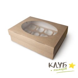 Коробка для 12-ти маффинов с фигурным окном крафт 33x25x10 см