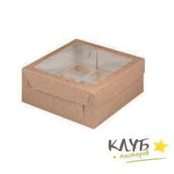 Коробка для 9-ти маффинов с квадратным окном крафт 23,5x23,5x10 см