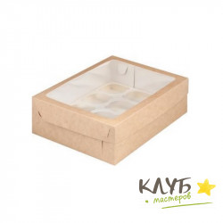 Коробка для 12-ти маффинов крафт с прямоугольным окном 32x23,5x10 см