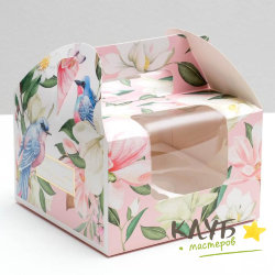 Коробка для 4-х капкейков с ручкой и окном "Present. Птицы" 16х16х10 см