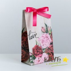 Пакет бумажный с лентой "With love. Пионы", 13х23х7 см