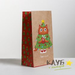 Пакет бумажный "С Новым годом. Кот-елочка", 10х19,5х7 см