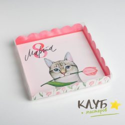 Коробка с пластиковой крышкой "8 Марта. Кот с тюльпанами", 21х21х3 см